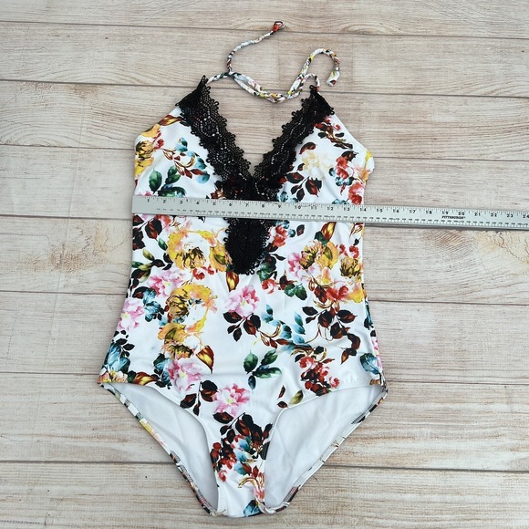 Women's Black Lace One-Piece Swimsuit Deep V Halter Open Back Size L - Picture 7 of 16